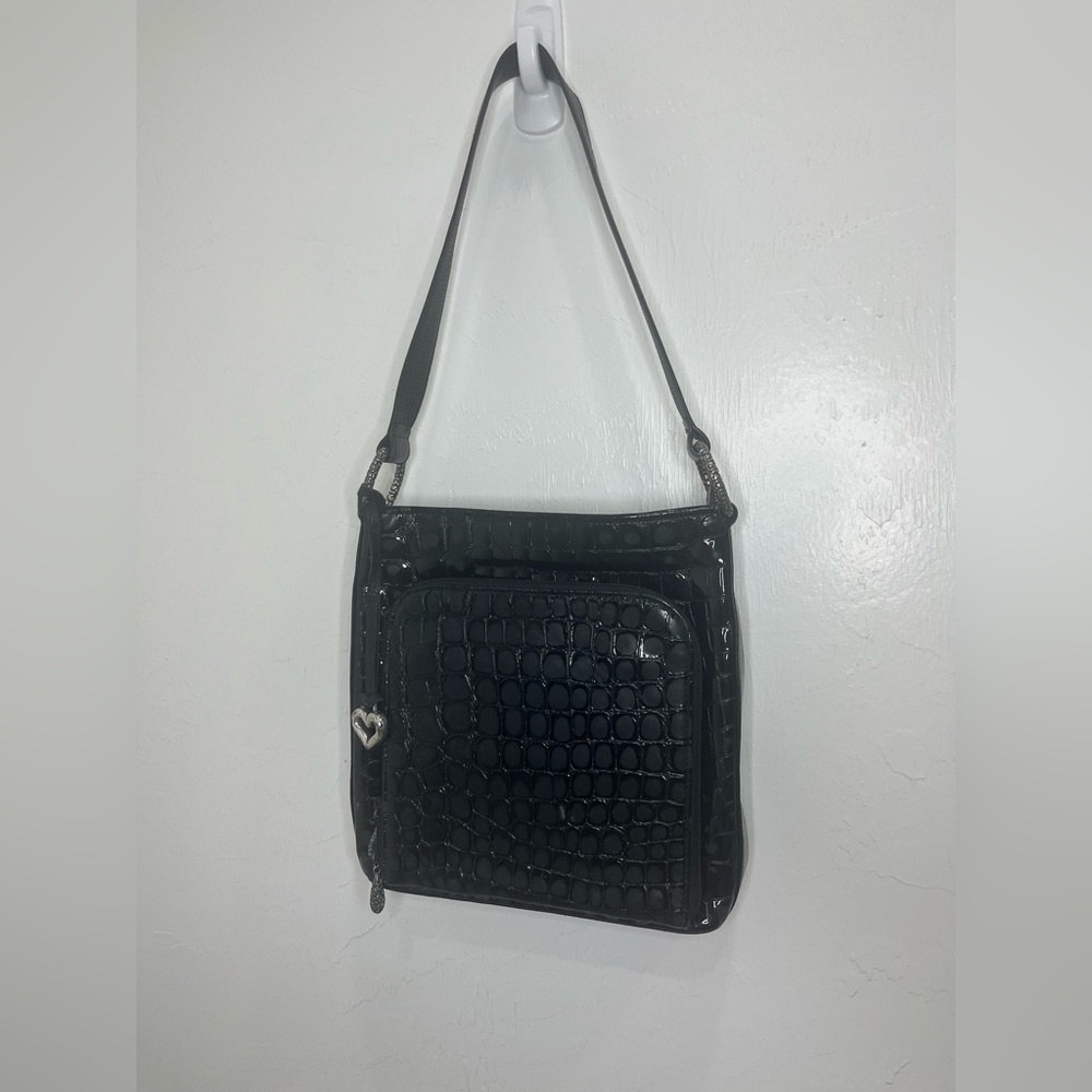 Brighton Leather Cher Black Patent Croc Stamped Shoulder Handbag